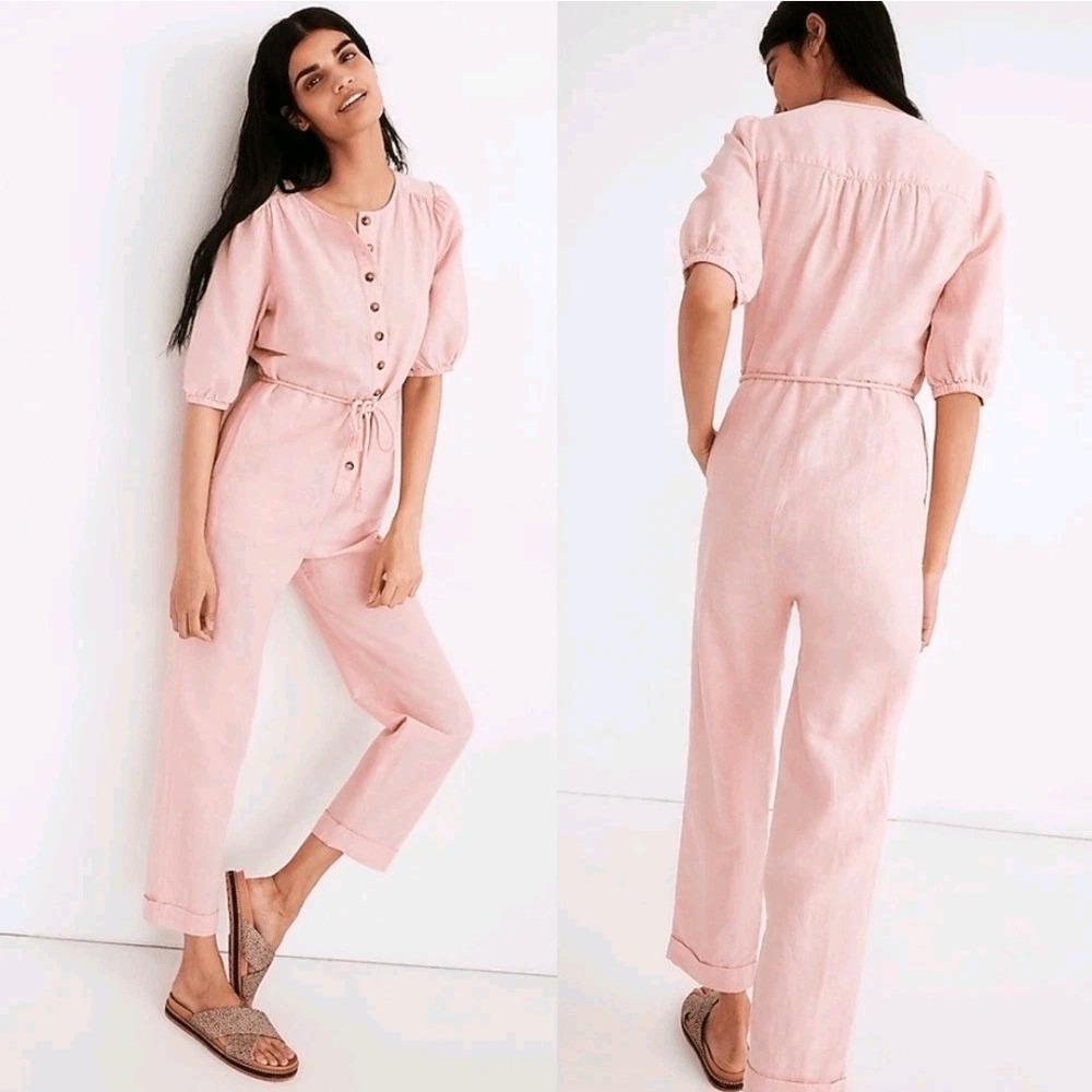 Madewell Linen Cotton Puff Sleeve Button‎ Front Jumpsuit Pink XS